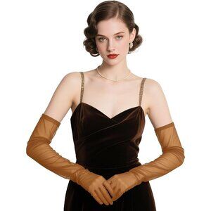 Women's Tulle Coffee Long Satin Gloves Evening Elbow Length Party Costumes